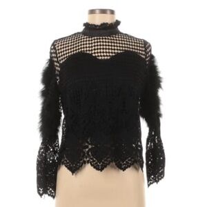 Beulah Black Top Long Sleeve Feather Detail Medium